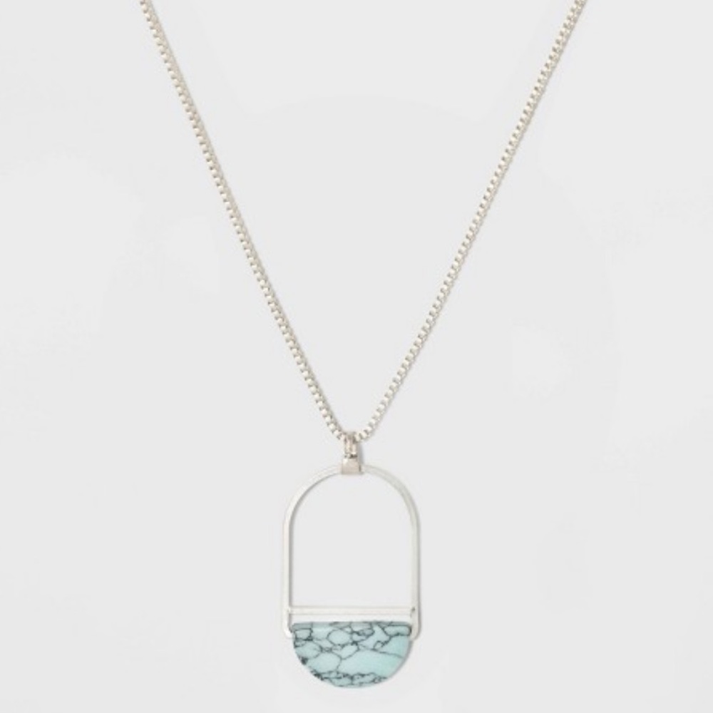 Long Silver Necklace with Turquoise Pendant